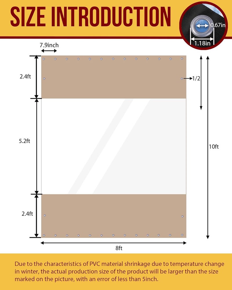 FoundGo 10'Hx08'W Outdoor Vinyl Curtains for Patio,19oz Clear Vinyl Patio Enclosure,Heavy Duty Clear Tarps Waterproof Vinyl Tarp with Grommets for Pergola, Porch,Gazebos,Balcony,-4℉ Cold Resistant - Image 3